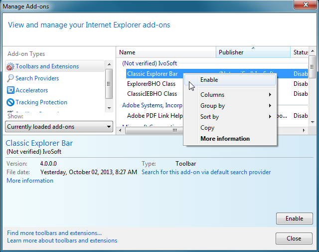 Manage Add-ons (Internet Explorer 8)